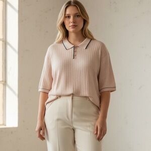 The Commons 3XL‎ Ribbed Contrast Stitch Sweater Polo Cream Light Pink Cotton NEW